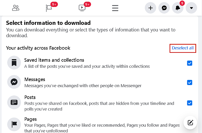 Dados da conta do Facebook disponíveis para download e o botão desmarcar tudo