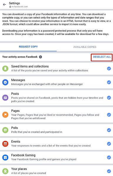 在 facebook messenger 應用程序和取消選擇按鈕中下載您的信息選項頁面