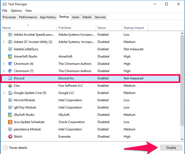 aby se Discord neotevřel při spuštění Windows 8, 10