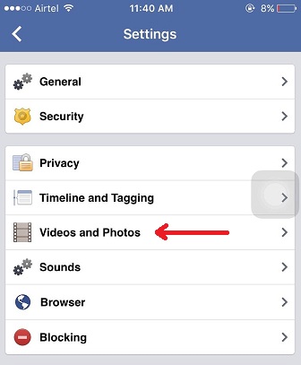 desativar a opção de reprodução automática de vídeo no Facebook iPhone