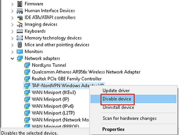 Отключение адаптера TAP-NordVPN для Windows V9
