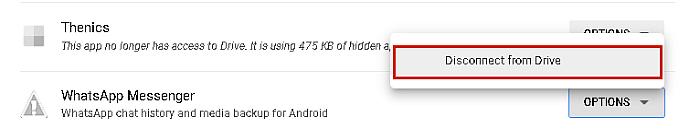 Koppla från Drive-knappen markerad i Google Drive-listan över anslutna appar