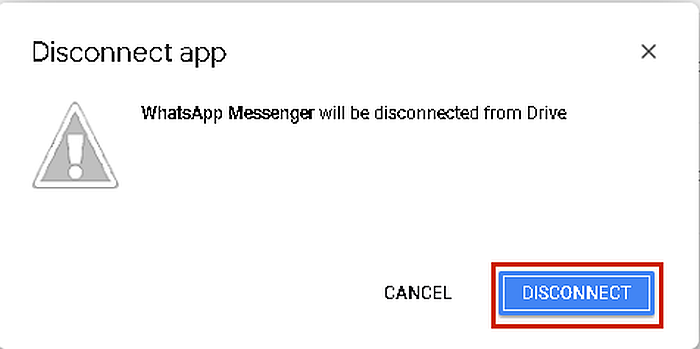 Google Drive-varning för att koppla bort WhatsApp Messenger från Google Drive