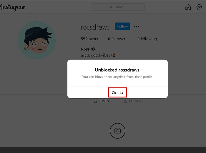 Zrzut ekranu z komunikatem odblokowanym na Instagramie na komputerze z podświetlonym przyciskiem Odrzuć