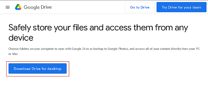 Målsida för Google Drive för stationära datorer