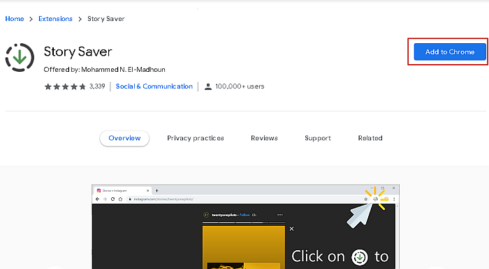 Страница сведений о расширении Story Saver для Chrome