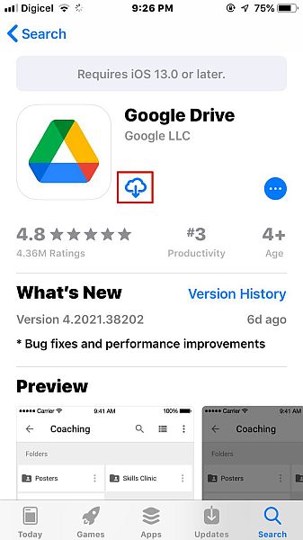 Página de detalhes do Google Drive na App Store