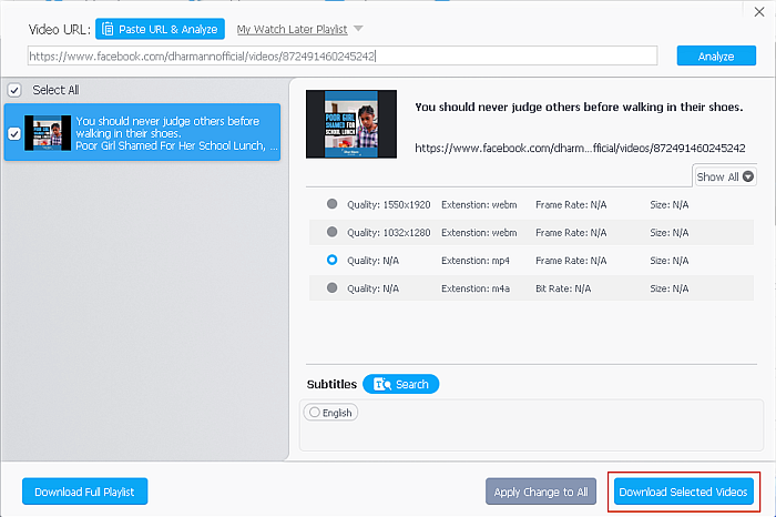 Video file Settings page in VideoProc Downloader with the Download Selected Videos button highlighted