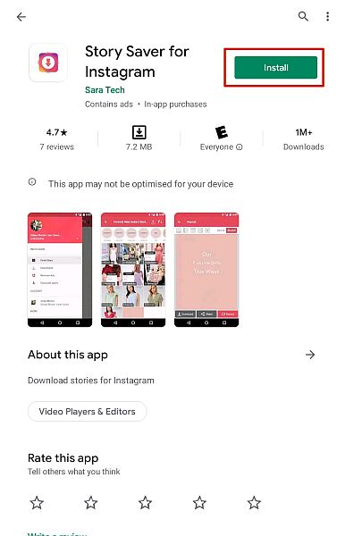 Informationssida för Story Saver-appen i Play Butik