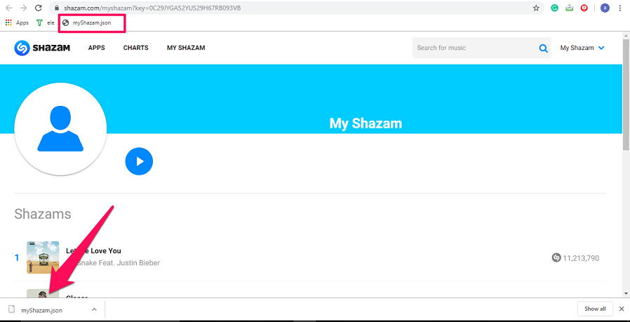 قائمة تشغيل Shazam التي تم تنزيلها