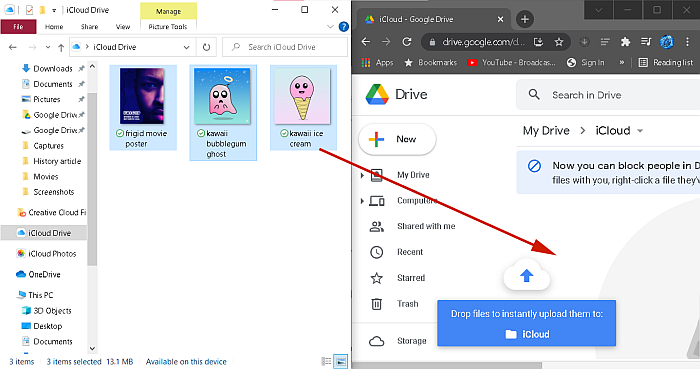 Ziehen von Dateien aus einem Desktop-Ordner in Windows in einen Google Drive-Ordner im Web