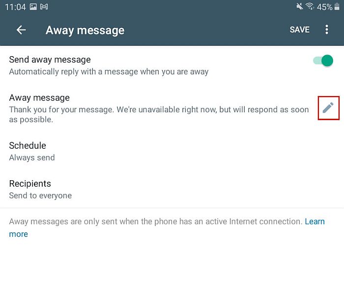 Настройки сообщений об отсутствии в WhatsApp для бизнеса