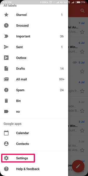 ota poistaminen pyyhkäisemällä käyttöön Gmail-sovelluksessa