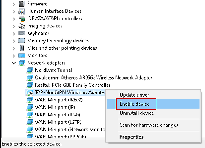 Включение адаптера TAP-NordVPN для Windows V9