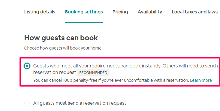 slå på øyeblikkelig booking på Airbnb