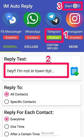 ustaw automatyczną odpowiedź na Telegramie