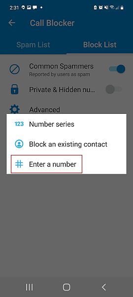 Callapp new block list entry options with the enter number option highlighted
