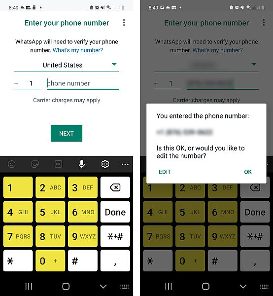 Ввод номера телефона для подтверждения аккаунта в WhatsApp