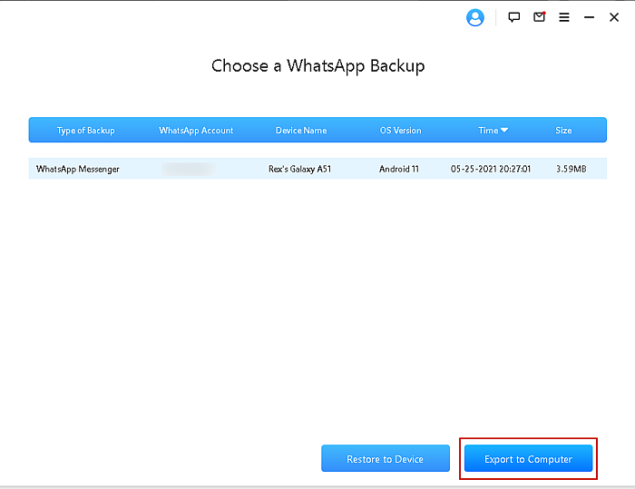 Página de selección de copia de seguridad de iTransor WhatsApp