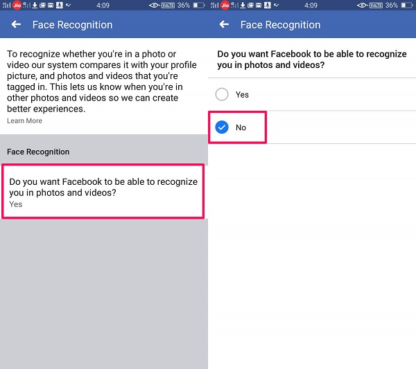 Inaktivera Facebook ansiktsigenkänning på mobilappen