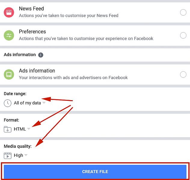 Выбор диапазона дат, формата и качества мультимедиа сообщений Facebook для загрузки