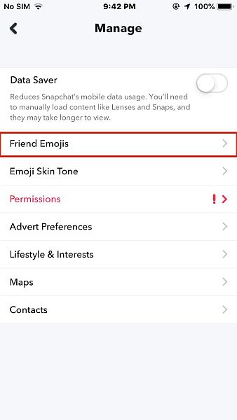 iPhone 中的 Snapchat 管理选项卡，突出显示“朋友表情符号”选项
