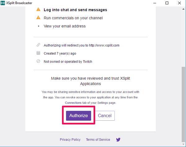 giv xsplit tilladelse til at få adgang til Twitch