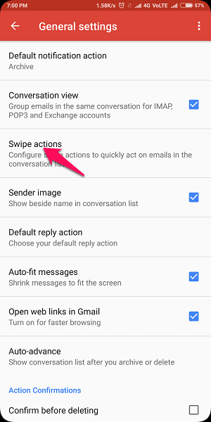 módosítsa a csúsztatási beállításokat a Gmail alkalmazásban