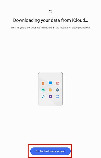 Samsung Smart Switch загружает данные с экрана iCloud