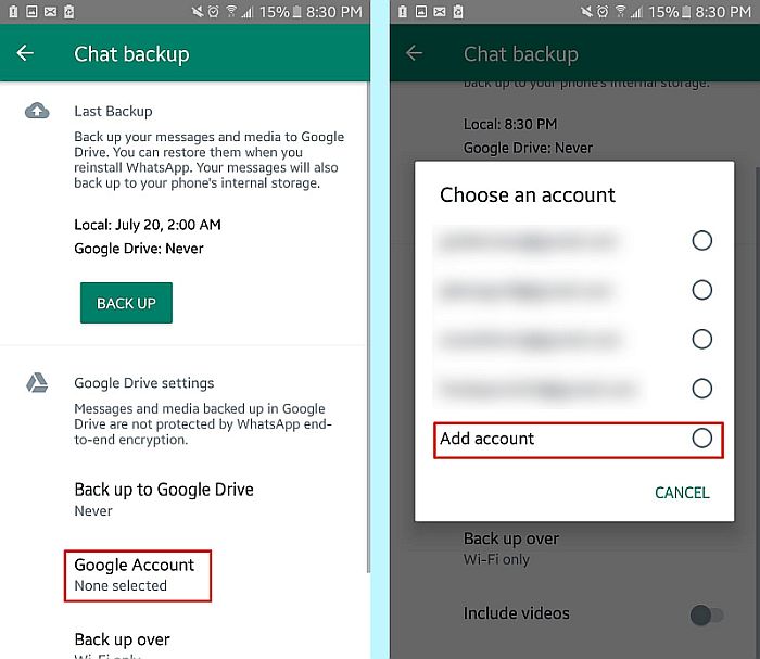 Добавление учетной записи Google для резервного копирования данных WhatsApp