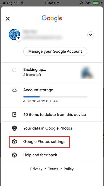 Google profile options in google photos with the settings option highlighted