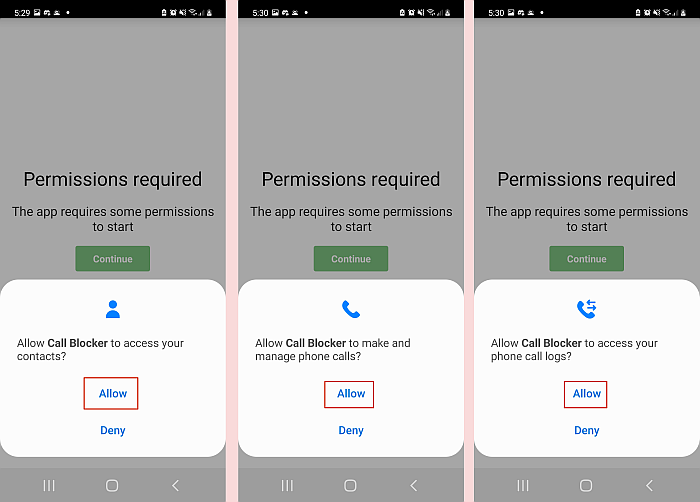 Granting access permission to call blocker app in android phone