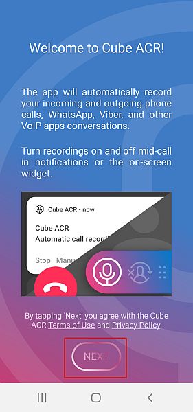 Οθόνη καλωσορίσματος Call Recorder - Cube ACR