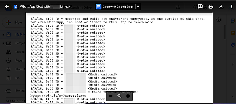 Whatsapp exporteerde chatvoorbeeld in Google Drive