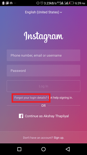 jak změnit heslo Instagramu při přihlášení přes Facebook - přihlášení