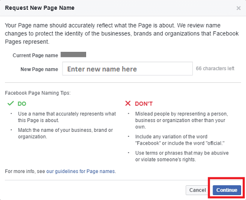hvordan man ændrer navn på facebook side - indtast navn