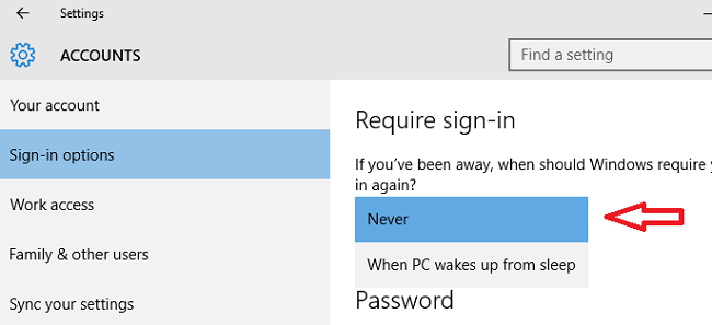 如何从锁定屏幕禁用 Windows PC 中的登录密码 - 从不