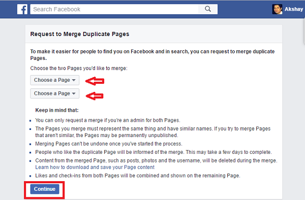 iki facebook sayfası nasıl birleştirilir - sayfaları seçin