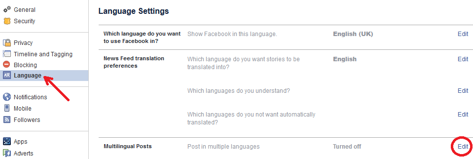как публиковать сообщения на нескольких языках в Facebook — вариант языка — мин.