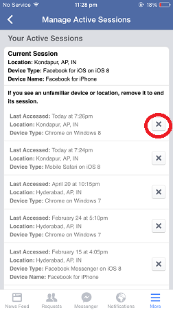 Facebookからリモートでログアウトする方法-iphoneアクティブセッション