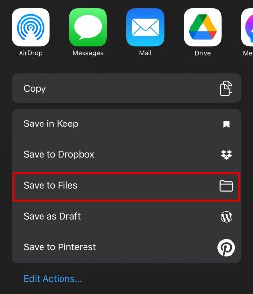 Sharing options in whatsapp with the save to files option highlighted