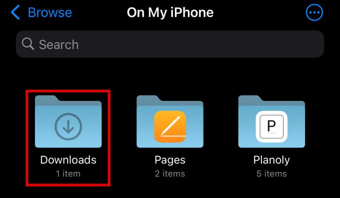 Eksplorator plików w iPhonie z podświetlonym folderem pobierania
