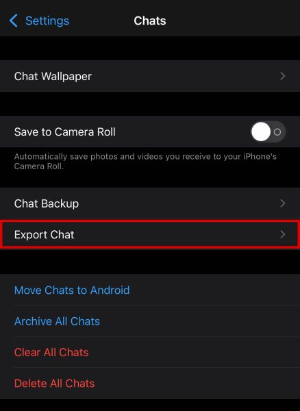 iPhone chat-innstillinger med eksport chat-alternativet uthevet