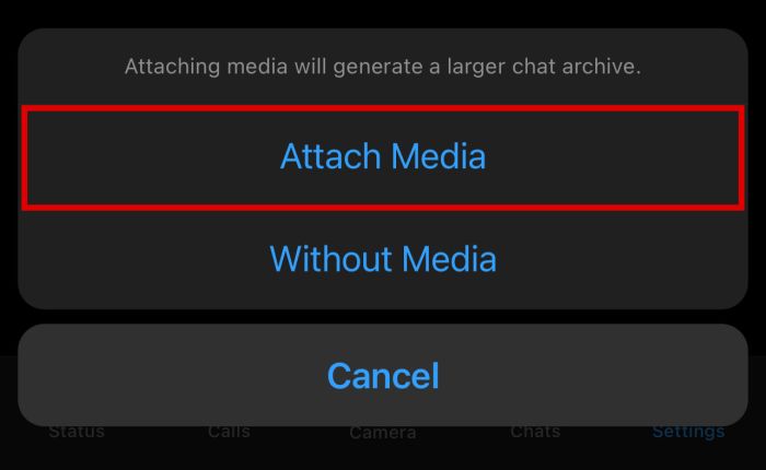 Chat export options with the attach media button highlighted