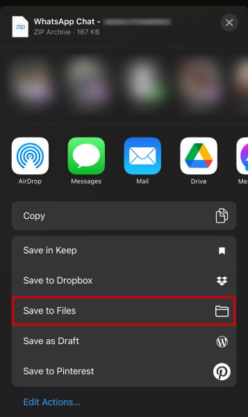 Whatsapp chats saving options with save to files option highlighted