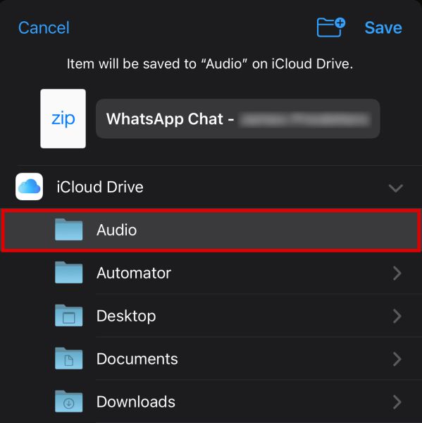 Whatsapp-chatsbestand opslaan in de audiomap van de icloud-drive