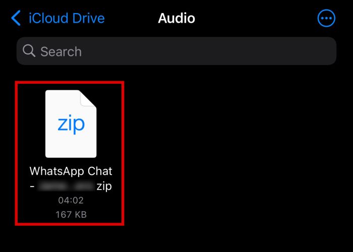 iCloud drive audio folder with an audio file highlighted