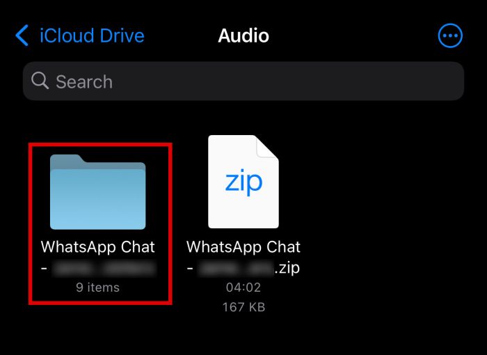 Folder audio na dysku iCloud z podświetlonym folderem wyodrębnionym z czatu WhatsApp