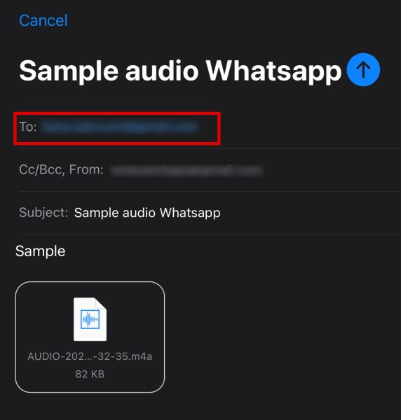 Composing an e-mail with the attached audio file from whatsapp