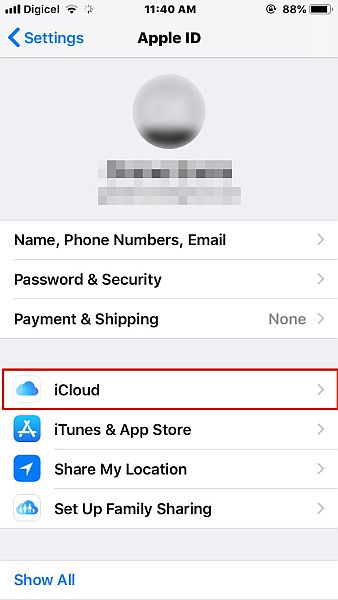 Apple Id -asetukset, joissa icloud-vaihtoehto on korostettuna